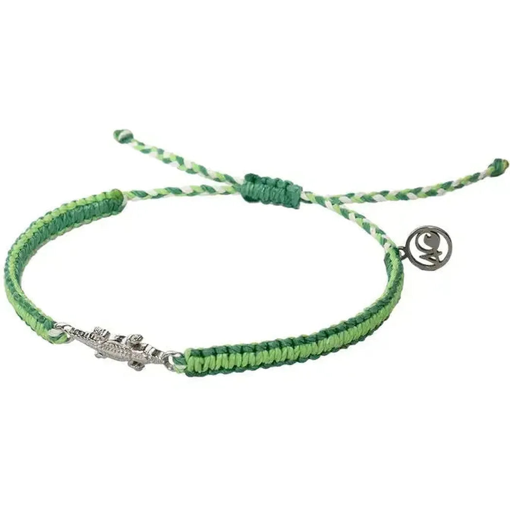 A green braided bracelet with a silver alligator clasp and a small charm, shown against a white background.