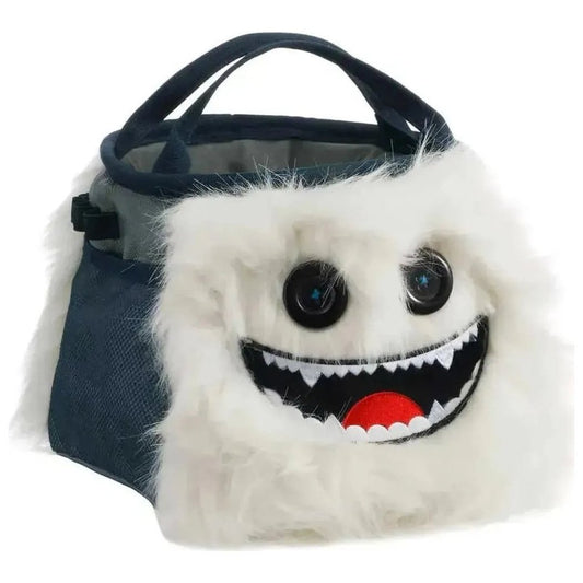 A front view of the 8BPlus Boulder Bucket - Herman chalk bag with a white furry face and dark blue straps against a white background.
