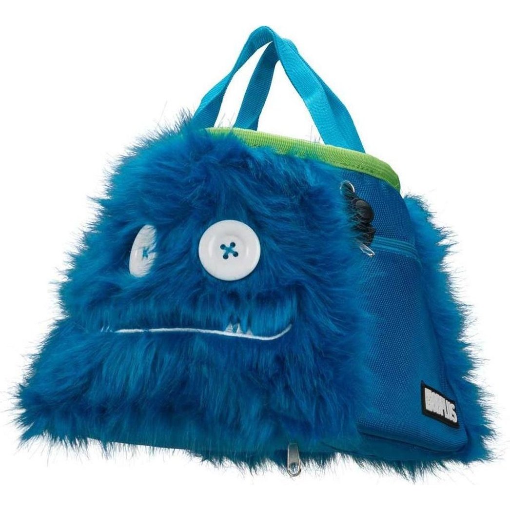 A blue 8BPlus Boulder Bucket - Maxwell chalk bag with a furry face, white button eye, and blue straps against a white background.