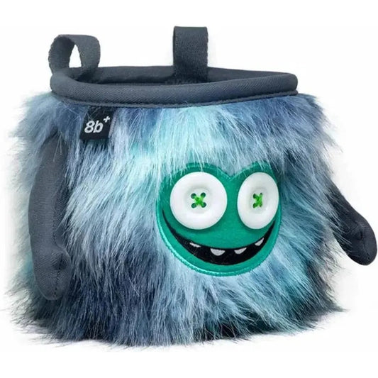 A front view of the 8BPlus Chalk Bag - Joey with its fuzzy blue and gray fur, green face, and charcoal top against a white background.