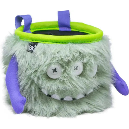 A front view of the 8BPlus Chalk Bag - Marty with a green top and purple straps against a white background.
