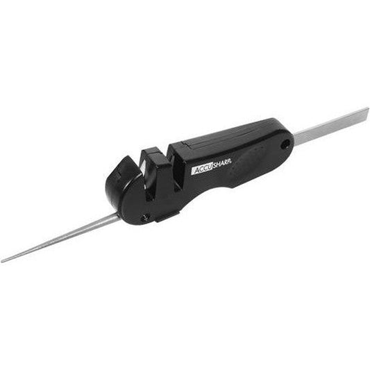 A black AccuSharp 4-in-1 Knife & Tool Sharpener shown from a side angle with a white background.