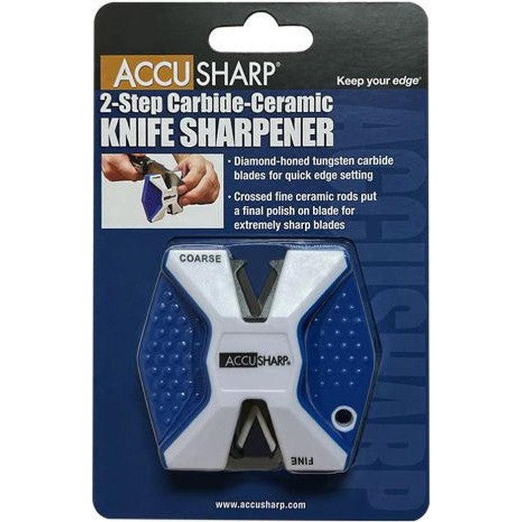 A front view of the AccuSharp 2-Step Carbide-Ceramic Knife Sharpener showing the coarse and fine settings on a blue and white package.