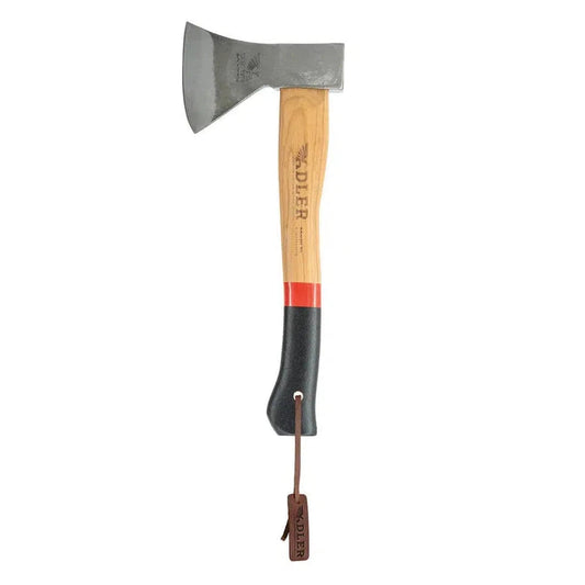 A side view of the Adler Hatchet Gift Set - Rheinland Hatchet with a black and red handle against a white background.