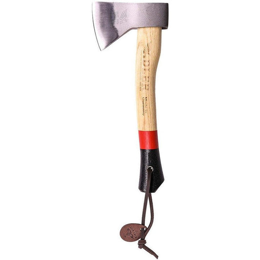 A close-up of the Adler Scout Hatchet with a wooden handle, red and black accents, and a leather tag, against a white background.