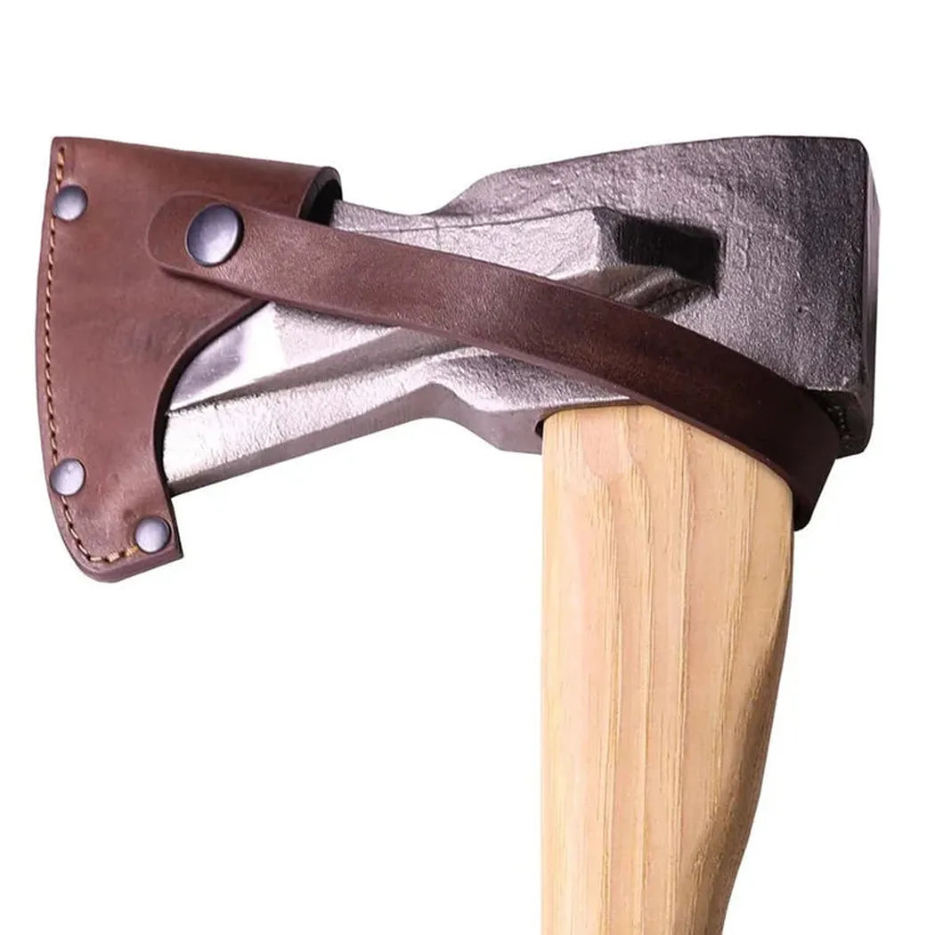 A close-up of the Adler Sheath for Super Splitter showing the brown leather sheath and wooden handle against a white background.