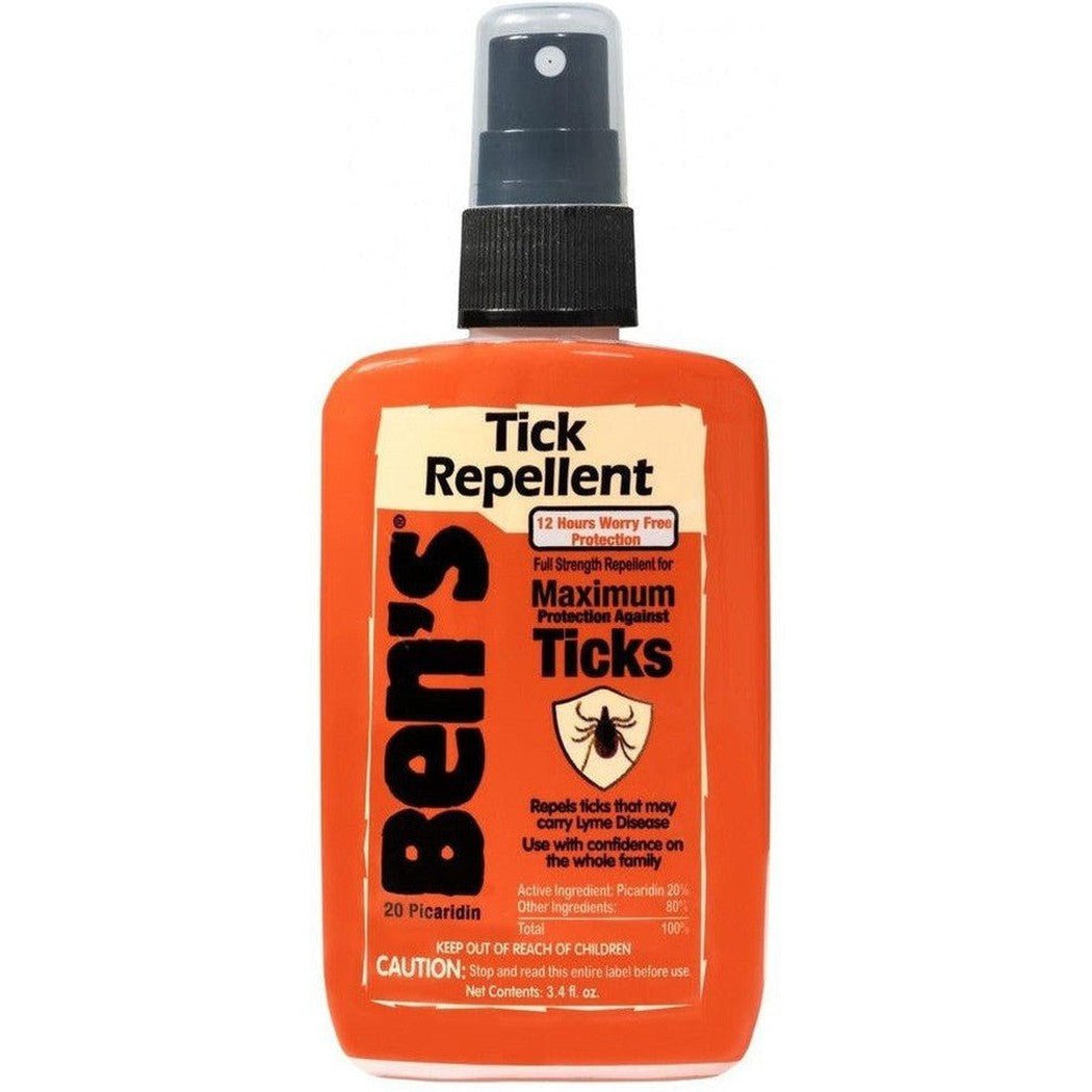 An orange Ben's Tick Repellent 3.4 oz. Pump Spray bottle with a black pump top and label showing a tick icon, photographed against a white background.