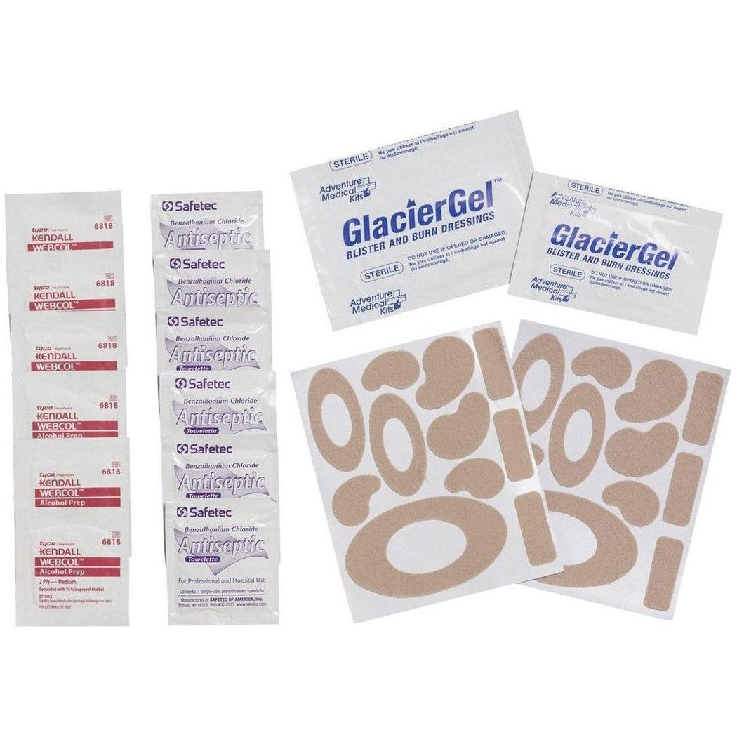 A photo of the Adventure Medical Kits Blister Medic Kit shows blister treatment packets and adhesive patches on a white background.