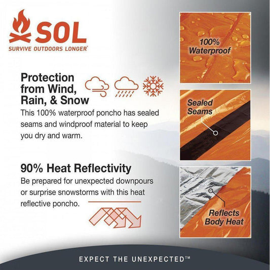 A SOL Survive Outdoors Longer poncho photo showing 100% waterproof and sealed seams features.