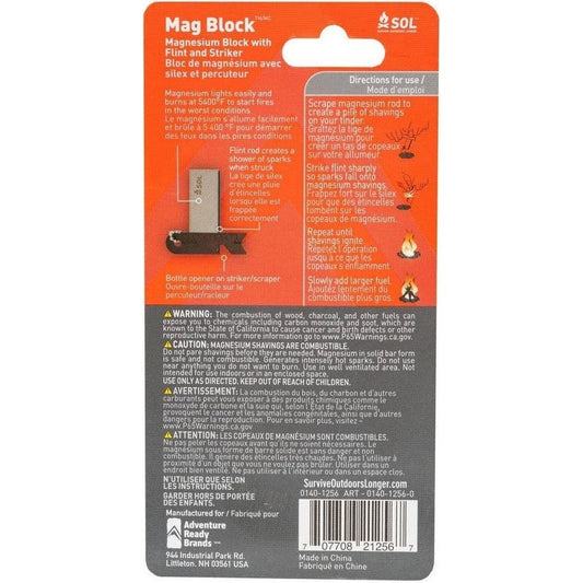 Back of the Adventure Medical Kits Mag Block showing directions and warnings on an orange and gray card.