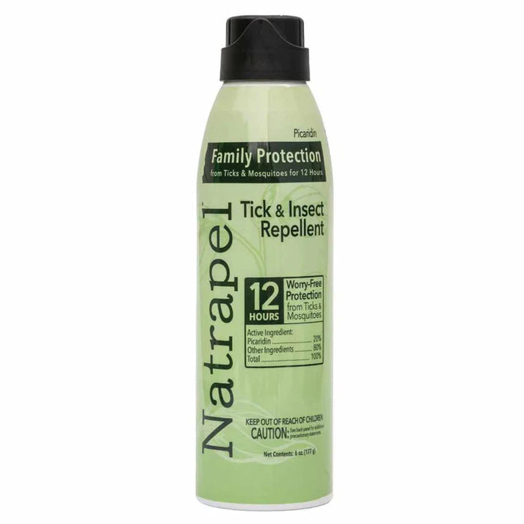 A front view of the Natrapel Tick & Insect Repellent spray can against a white background.