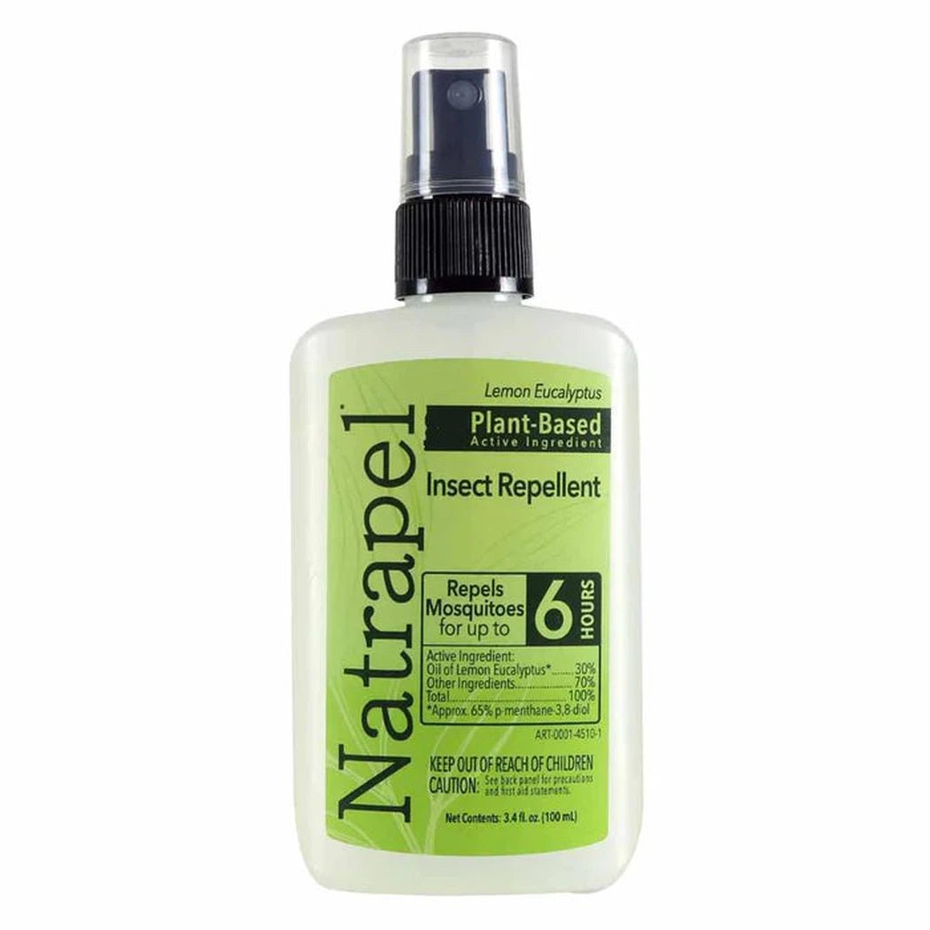 A front view of the Natrapel Lemon Eucalyptus Plant-Based Insect Repellent spray bottle with a green label against a white background.