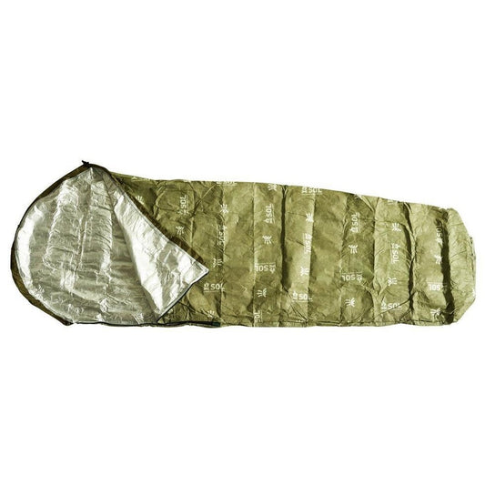 A side view of the Adventure Medical Kits SOL Escape Bivvy OD Green showing the silver interior lining against a white background.