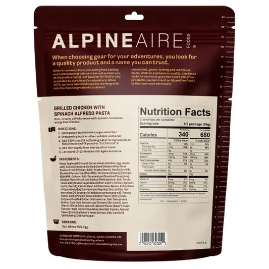 Back of AlpineAire Grilled Chicken with Spinach Alfredo Pasta backpacking food package showing nutrition facts and directions.