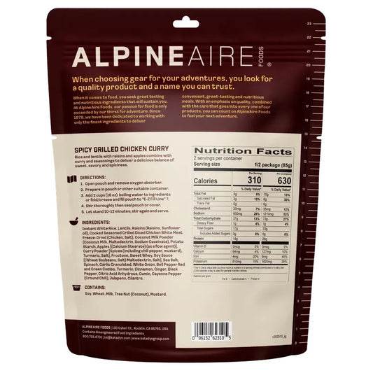 Back of AlpineAire Spicy Grilled Chicken Curry backpacking food package showing nutrition facts and directions.