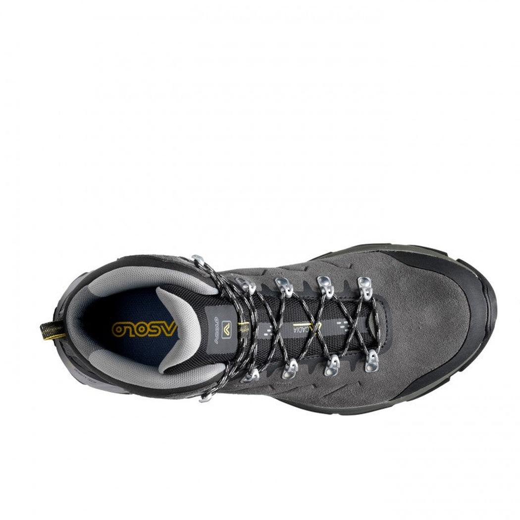 Top view of the Asolo Men's Acadia Mid Leather GTX boot in Graphite/Black with metal eyelets and a white background.