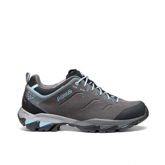 Side view of the Asolo Women's Acadi LTH GTX MM in Graphite/Blue showing the lugged outsole against a white background.