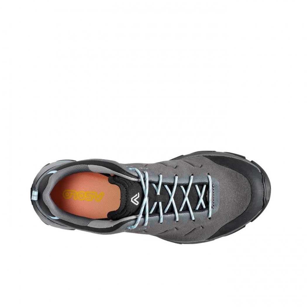 Top view of the Asolo Women's Acadi LTH GTX MM in Graphite/Blue showing the laces and interior against a white background.