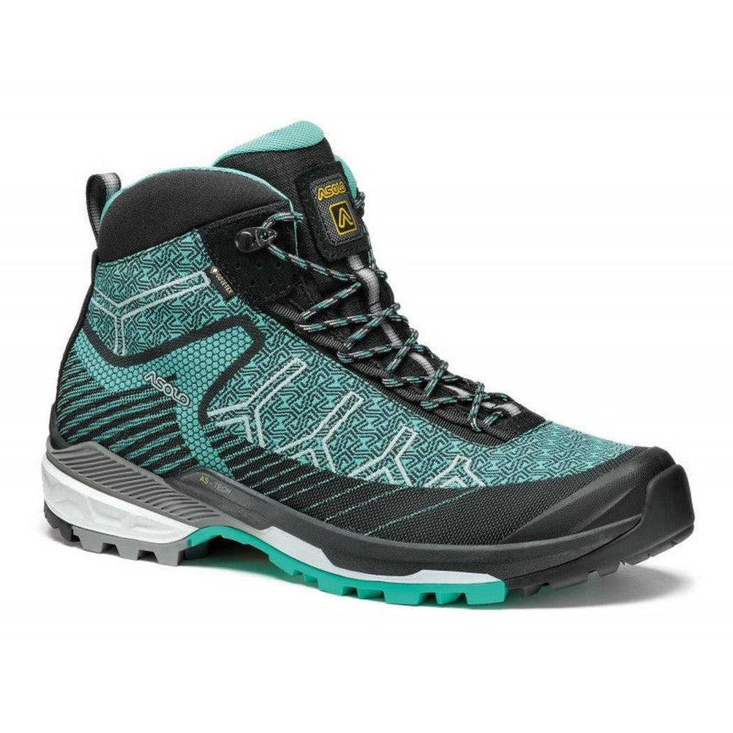 Side view of the Asolo Women's Falcon Evo Jacquard GV in Black/Green showing the lugged outsole against a white background.