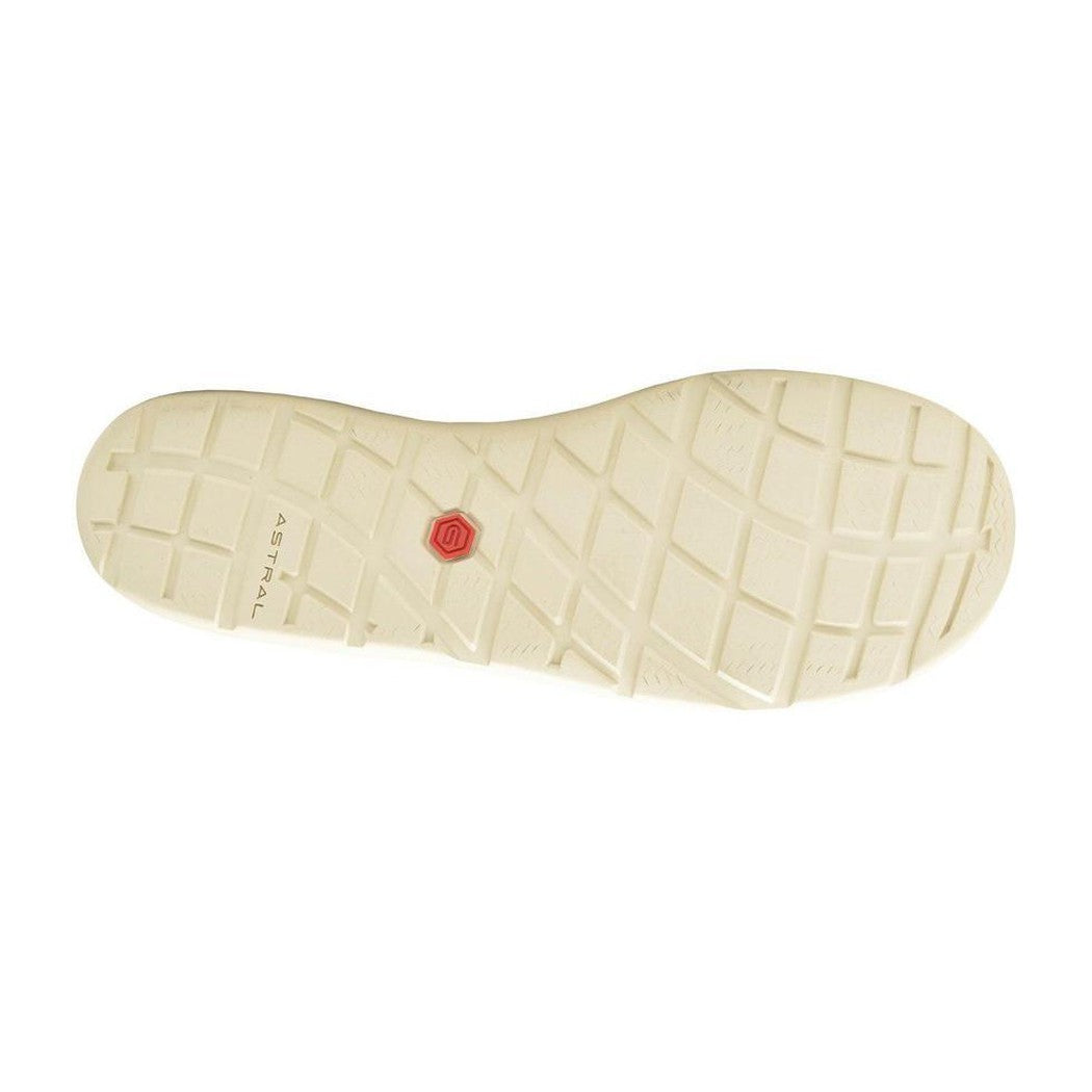 The sole of the Astral Men's Loyak shoe in Gray/White is shown from above with a red hexagonal logo and a grid pattern on a white background.