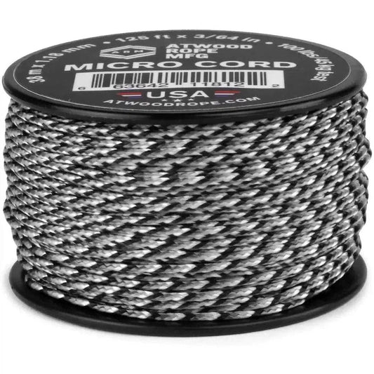 A spool of Atwood Rope Micro Cord in black is shown from a front angle with a white background.