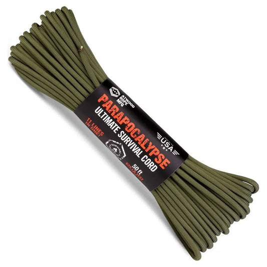 A bundle of green Parapocalypse Ultimate Survival Cord laid out on a white background.
