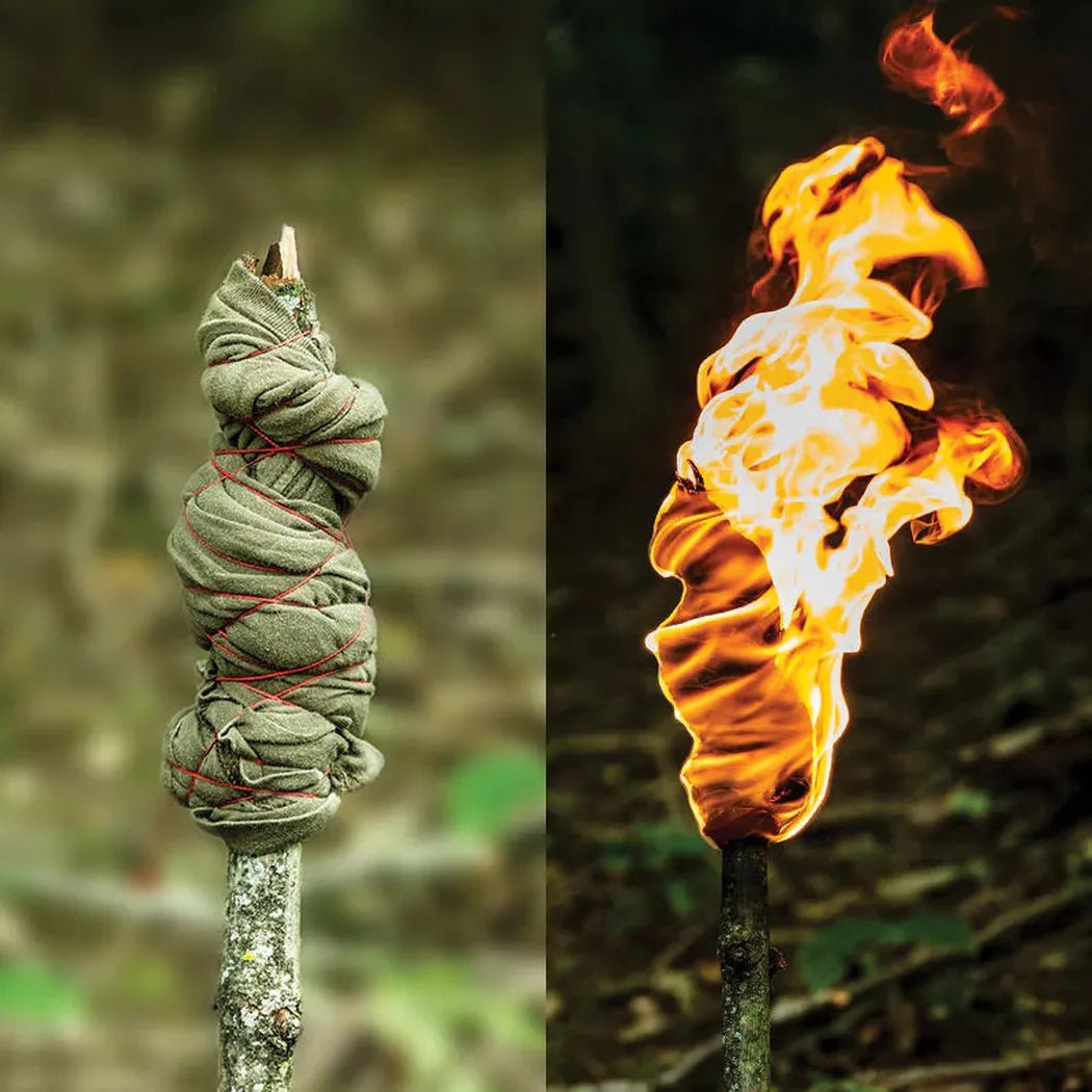 Side-by-side photo of the green Atwood Rope Parapocalypse Ultimate Survival Cord before and after being lit, showing the rope wrapped around a stick and then burning brightly.