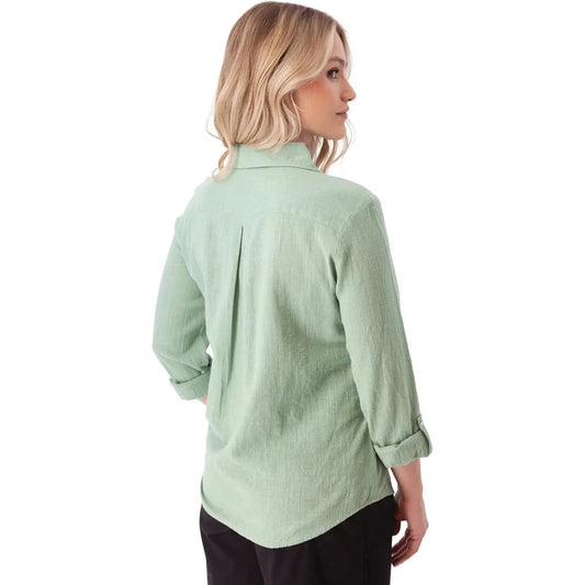 Back view of the Aventura Women's Laken Top in Granite Green, showing rolled sleeves and a white background.