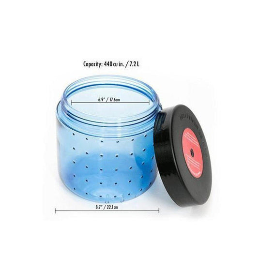 A blue Bear Vault BV450 - Jaunt food storage jar with a black lid sits on a white background, showing its 6.9" diameter and 8.7" height.