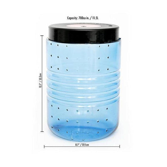 A blue Bear Vault BV500 - Journey food storage container with a black lid, showing its 700 cu in capacity and dimensions against a white background.
