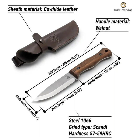 Side view of the Beavercraft Breeze Bushcraft knife with cowhide sheath and walnut handle against a white background.