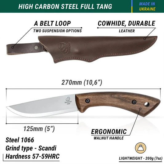 Top-down view of the Beavercraft BSH1 Bushcraft Knife with a brown leather sheath and walnut handle.