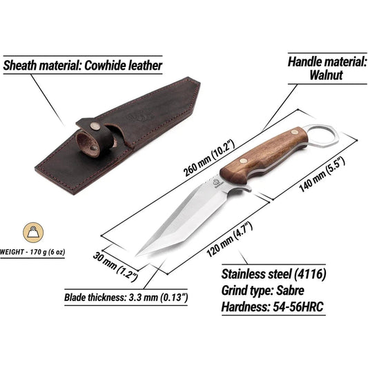 Side view of the Beavercraft Camping Knife showing the walnut handle and cowhide leather sheath against a white background.