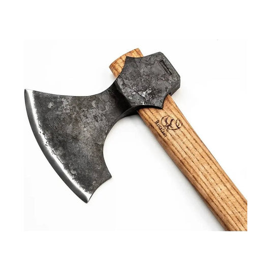 A close-up of the Beavercraft Chopping Hewing Axe with a wooden handle and a charcoal-colored blade against a white background.