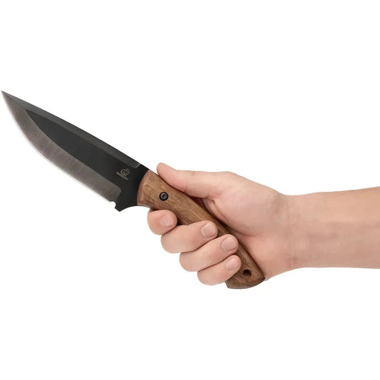 A hand holds the Beavercraft Hunting Knife with Leather Sheath against a plain white background.