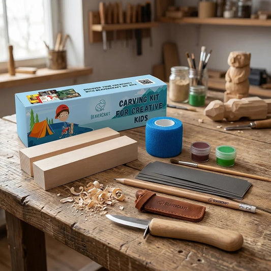 A Beavercraft Kids Carving Hobby Kit sits on a wooden workbench with wood shavings, a blue roll of tape, and a knife.