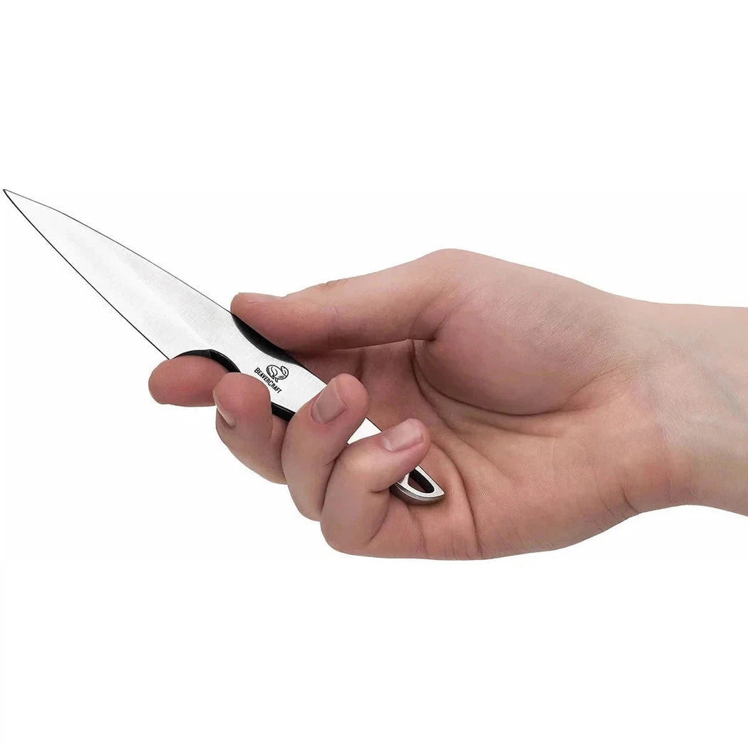 A hand holds the Beavercraft Neck knife with a sharp blade and black accents against a plain white background.