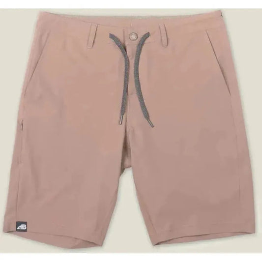 Front view of the Belong Designs Men's 10" Rocky Mountain Board Short in Desert Brown showing the drawstring and side pockets against a neutral background.