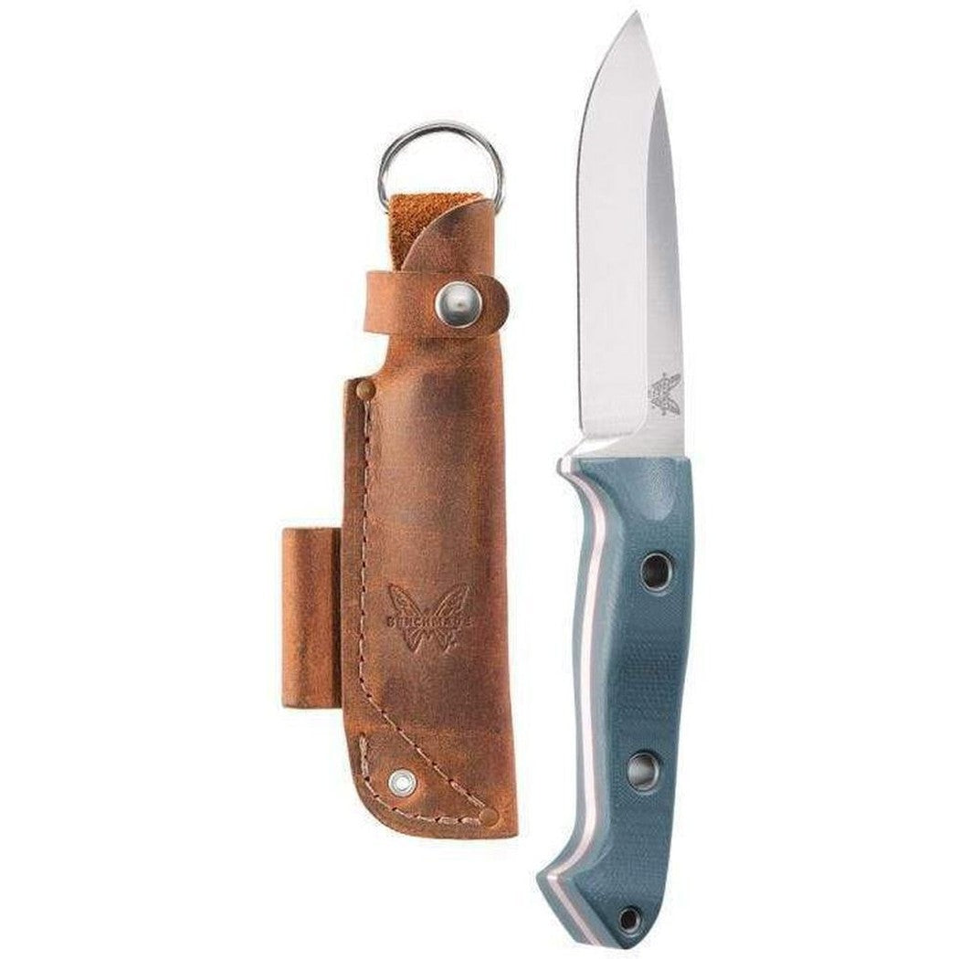 A side view of the Benchmade 162 Bushcrafter knife with a blue handle and brown leather sheath against a white background.