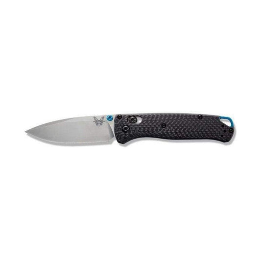 A side view of the Benchmade 535-3 Bugout knife with a charcoal/ graphite handle and blue accents against a white background.