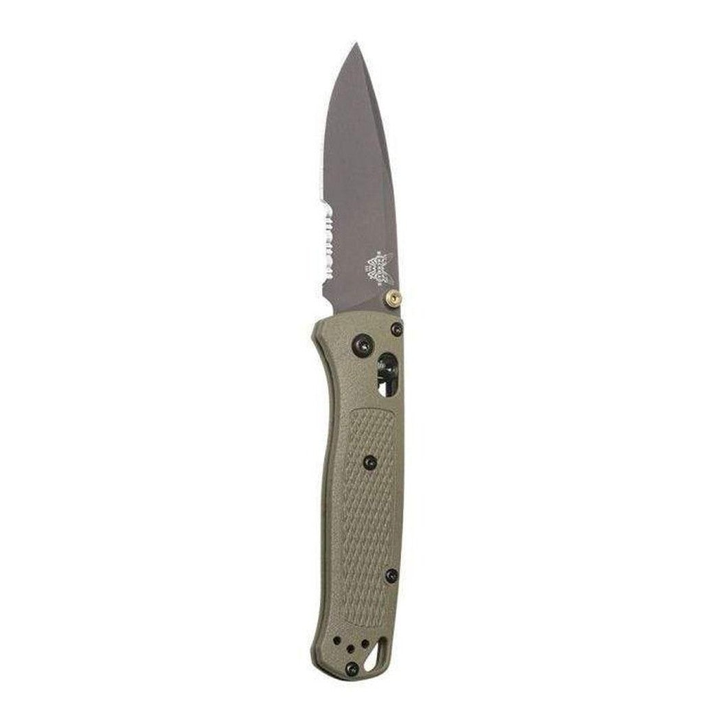 A side view of the Benchmade 535SGRY-1 Bugout knife with a textured handle and serrated blade edge against a white background.