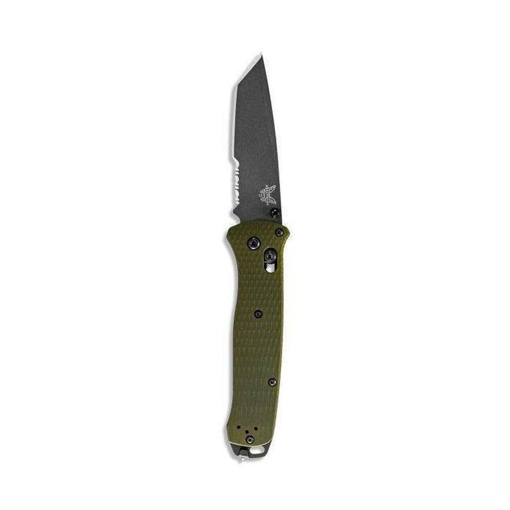 A side view of the Benchmade 537SGY-1 Bailout knife with a green handle and a dark blade against a white background.