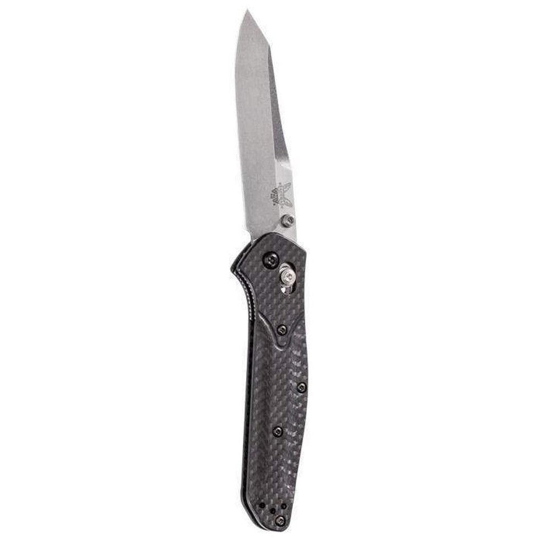 A side view of the Benchmade 940-1 Osborne knife with a carbon fiber handle and a stainless steel blade against a white background.