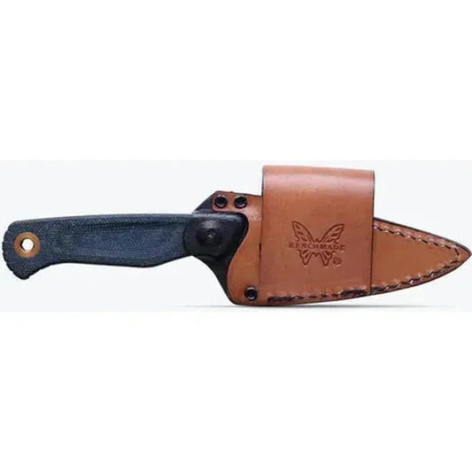 A side view of the Benchmade Dacian knife with a charcoal handle and brown leather sheath against a white background.