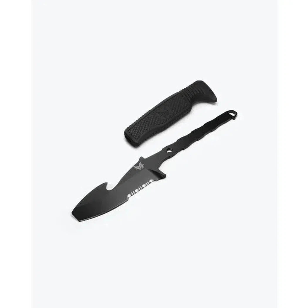 A side view of the Benchmade H20 Fixed knife with its black sheath against a white background.