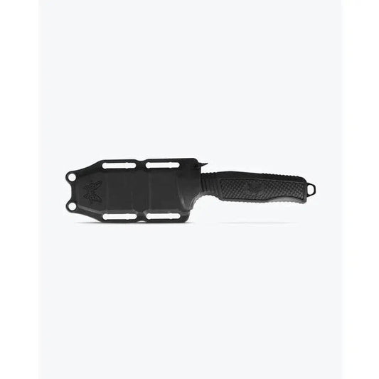 Side view of the Benchmade H20 Fixed knife with a black handle and sheath against a white background.