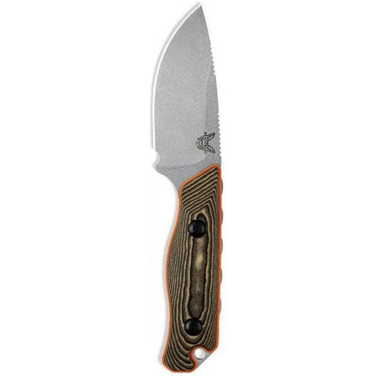 A side view of the Benchmade Hidden Canyon Hunter knife with a textured blade and a brown, striped handle against a white background.