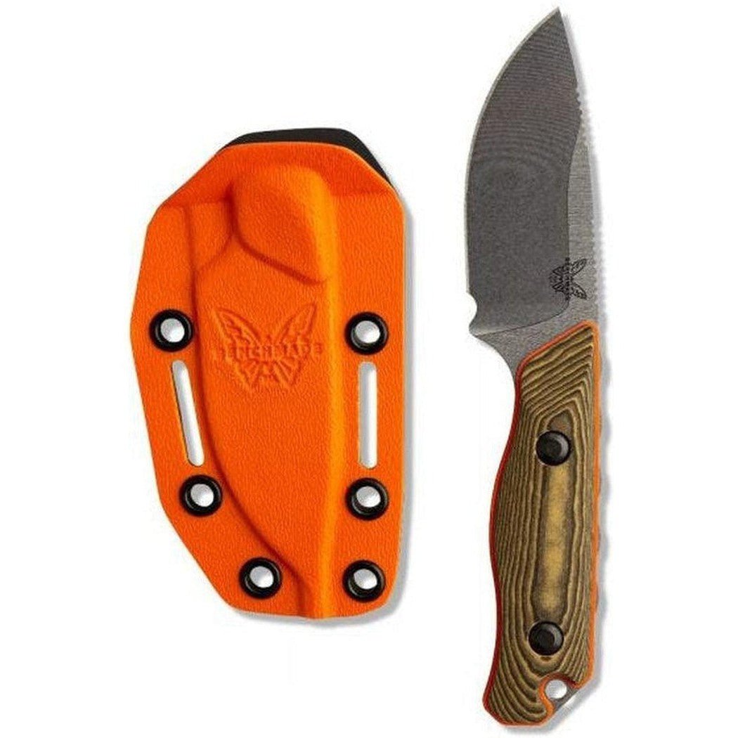 A side view of the Benchmade Hidden Canyon Hunter knife with an orange sheath and a brown handle, displayed against a white background.