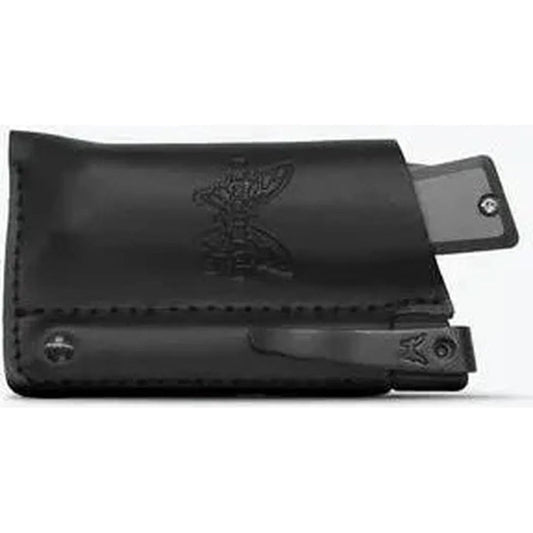 A black Benchmade Successor knife sheath with an embossed logo, showing the knife partially extended and a metal clip, photographed from a front angle against a white background.