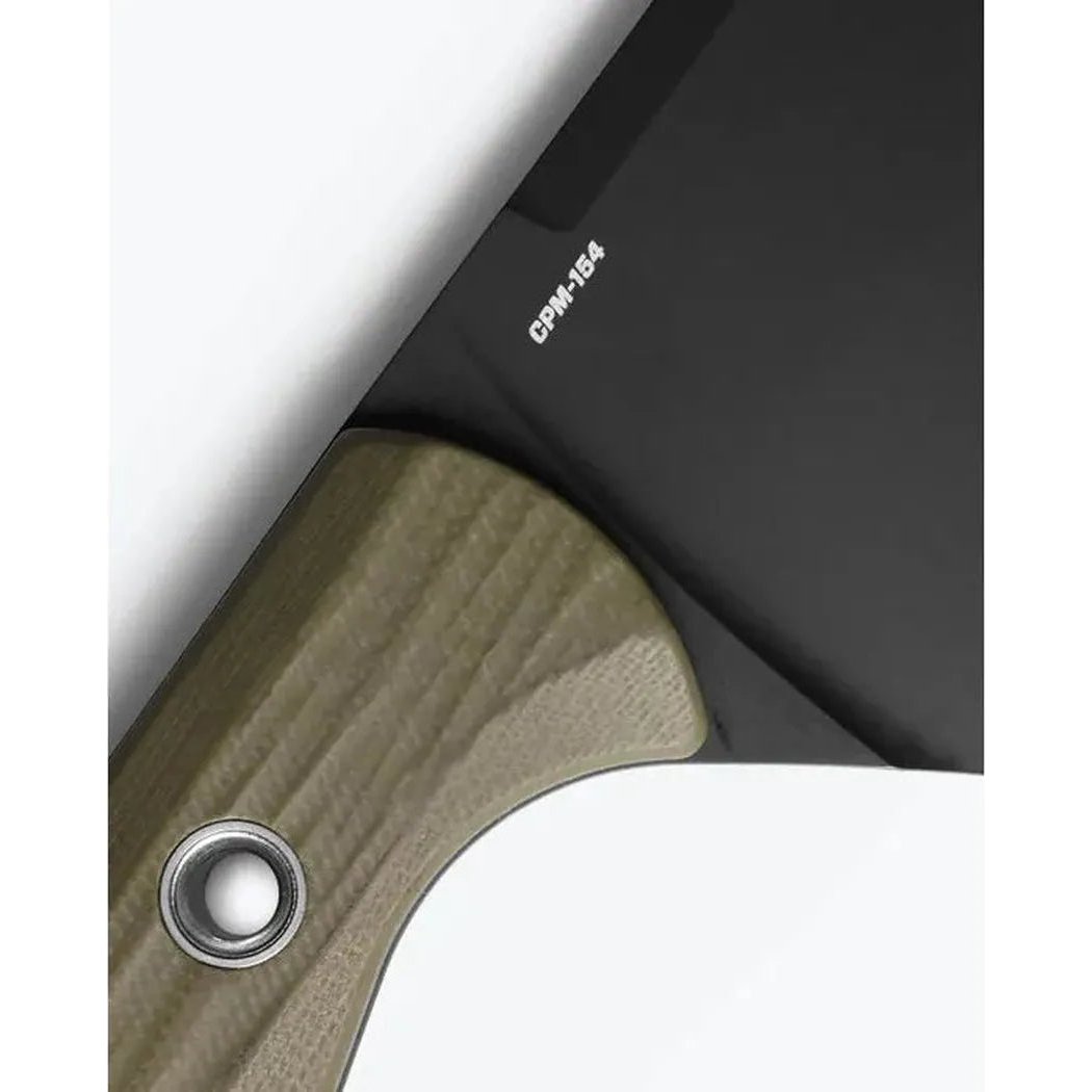 A close-up of the Benchmade Wildcoast knife with a natural wood handle and a charcoal-colored blade, showing the CPM-154 stamp.